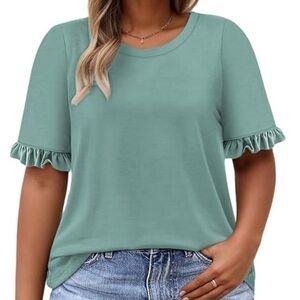 FASHION Green Ruffled Edge Short Sleeve Top M NWOT